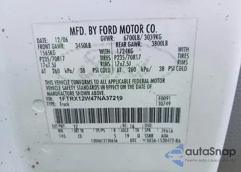 2007 Ford F-150 Stx/Xl/Xlt z USA, uszkodzony, nr VIN 1FTRX12W47NA37219